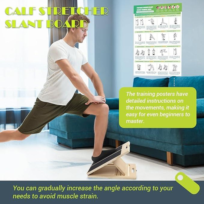 Slant Board for Calf Stretching, Adjustable Portable Wooden Incline Board for Calf Stretcher with Training Poster, 300 Lbs Weight Capacity Calf Stretch Wedge for Leg Exercise, Squat & Physical Therapy