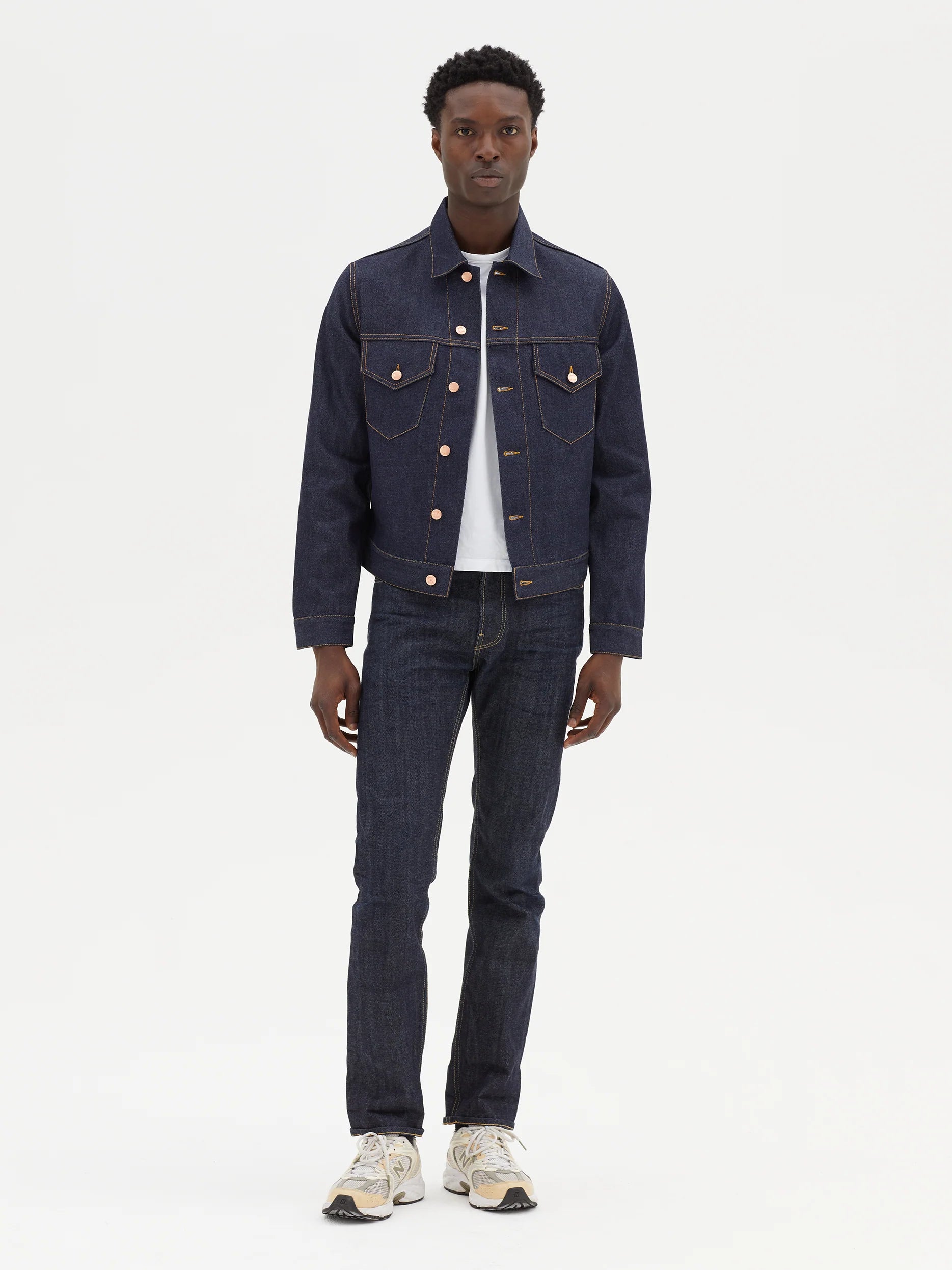 TAILORED DENIM TRUCKER JACKET in RAW INDIGO DENIM