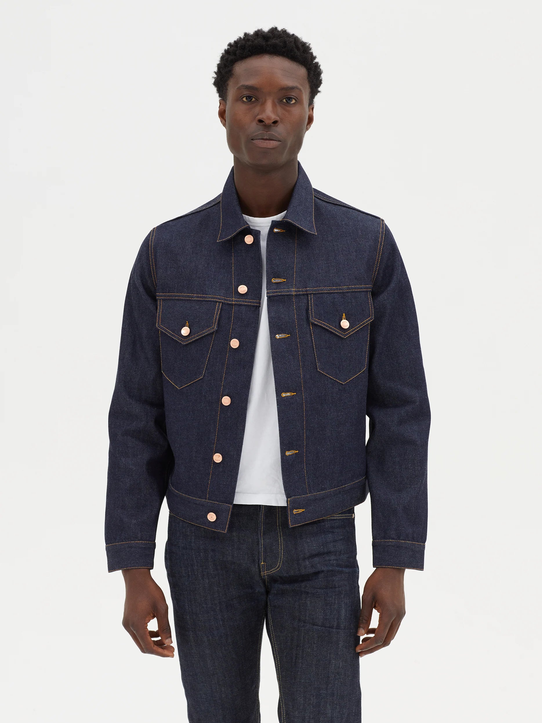 TAILORED DENIM TRUCKER JACKET in RAW INDIGO DENIM
